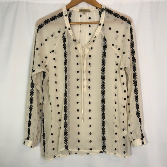 Democracy Sheer Cream Blouse with Black Long Sleeve Embroidery Size M - Picture 1 of 12